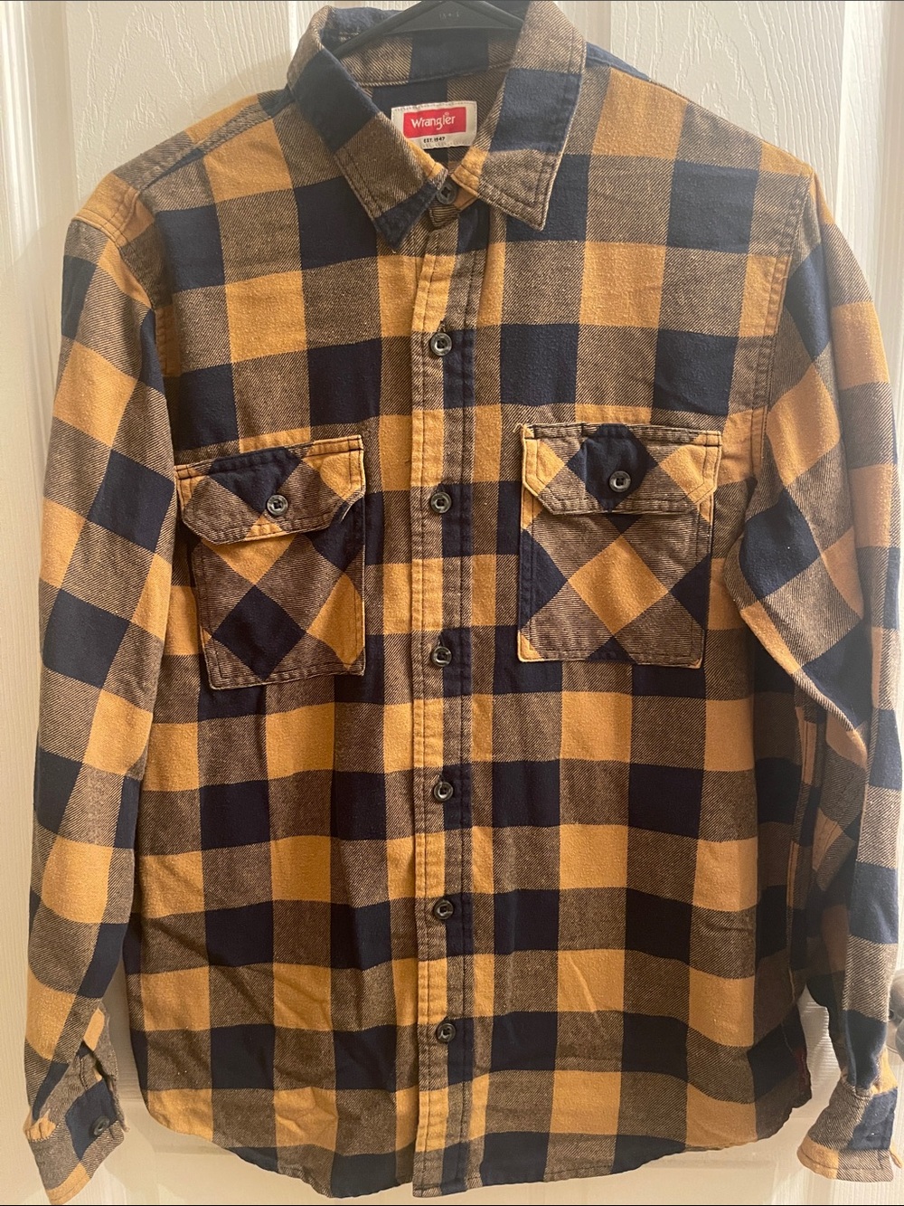 Wrangler Yellow and Navy Buffalo Plaid Button-Up Shirt WVU colors